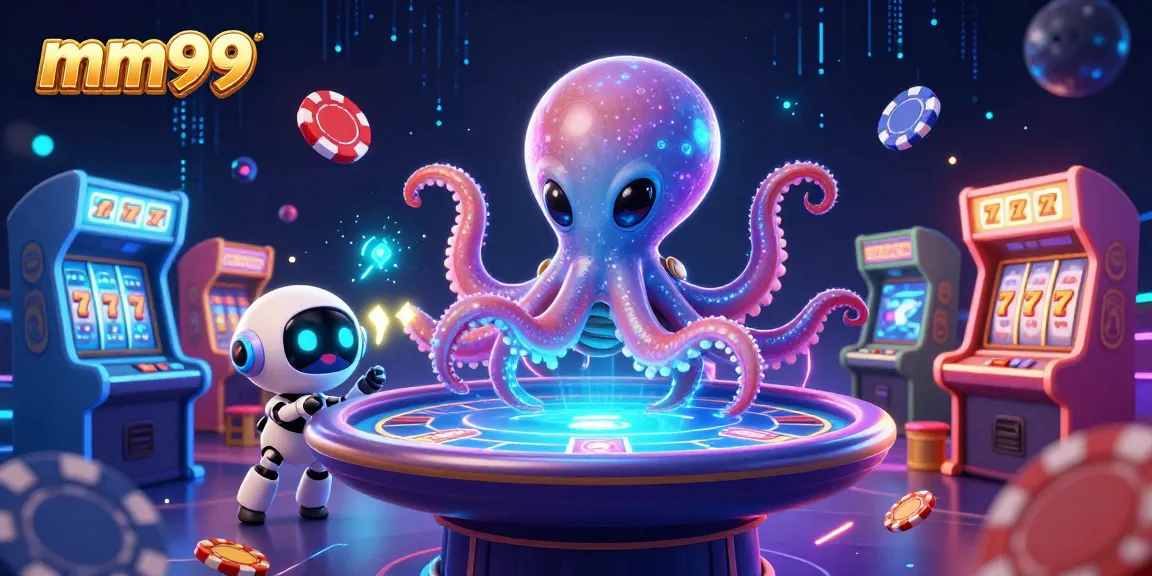Engage with the vibrant mm99 casino world featuring an alien octopus dealer and flying poker chips.