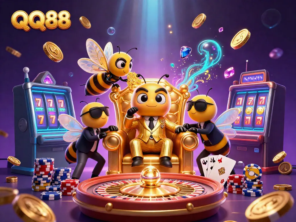 Experience the exciting QQ88 online casino with a dynamic 3D scene featuring a mob boss and colorful gaming elements.