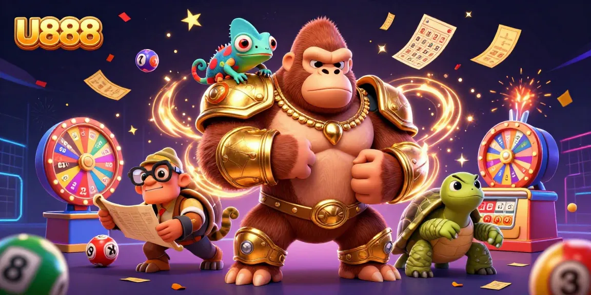 Experience the excitement of U888 with dynamic lottery elements and lively characters in a 3D casino scene.