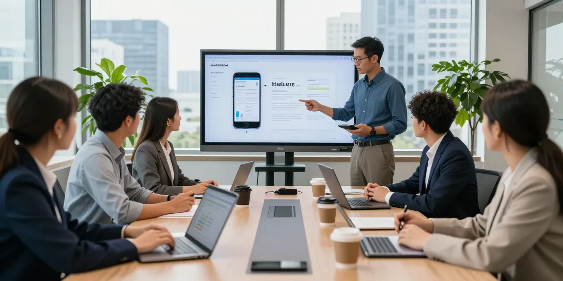 Business professionals discussing business phones and mobile solutions in a modern conference room.