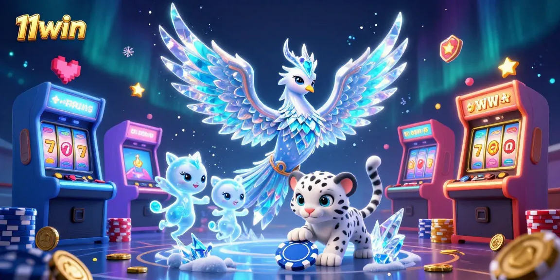 Engage with 11win's thrilling casino experience through a magical 3D scene of gaming elements.