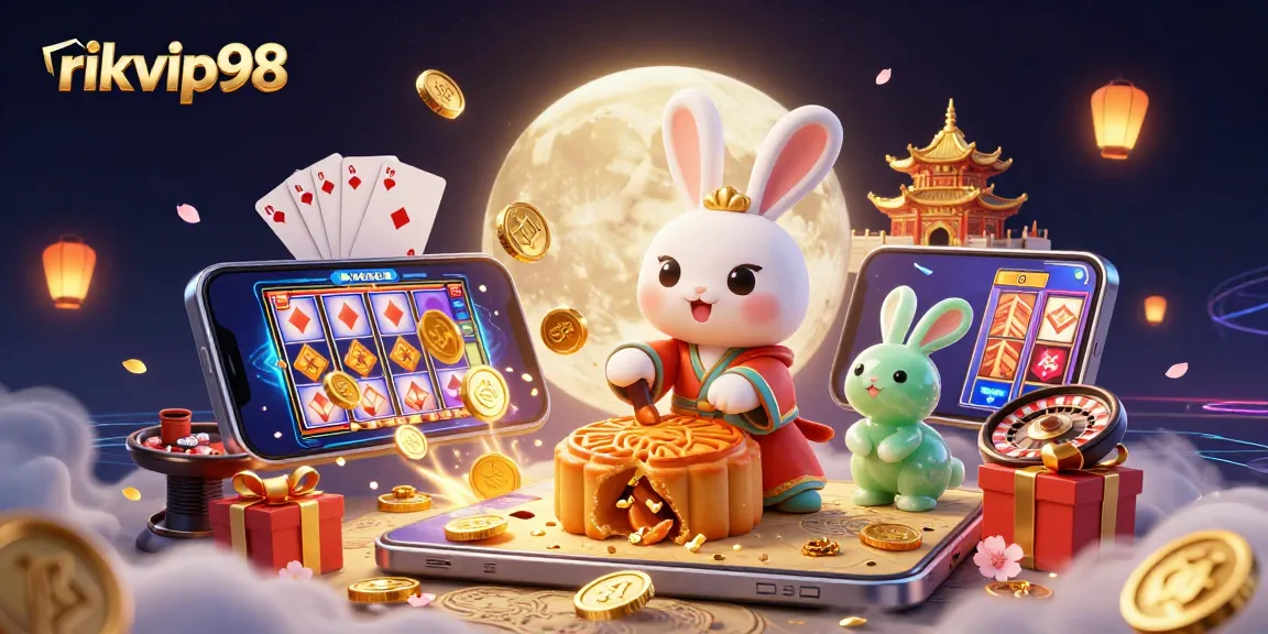 Experience the magic of rikvip98 with a lively cartoon illustration featuring playful moon rabbits and casino elements.