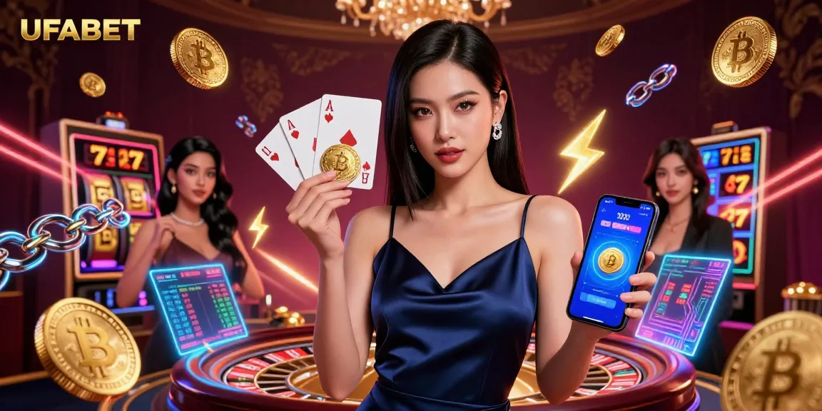 Experience the thrill of UFABET with a confident Asian woman showcasing casino games and crypto elements.
