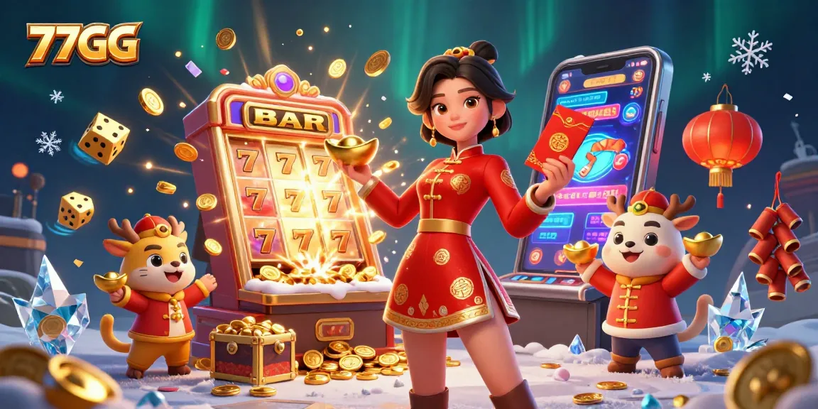77GG celebrates with an Asian woman in a Lunar New Year outfit, jackpot symbols, and festive elements.