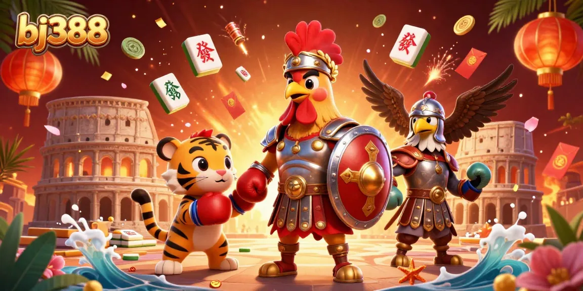 Engage in thrilling gameplay at bj388 with a dynamic rooster gladiator in a vibrant arena.