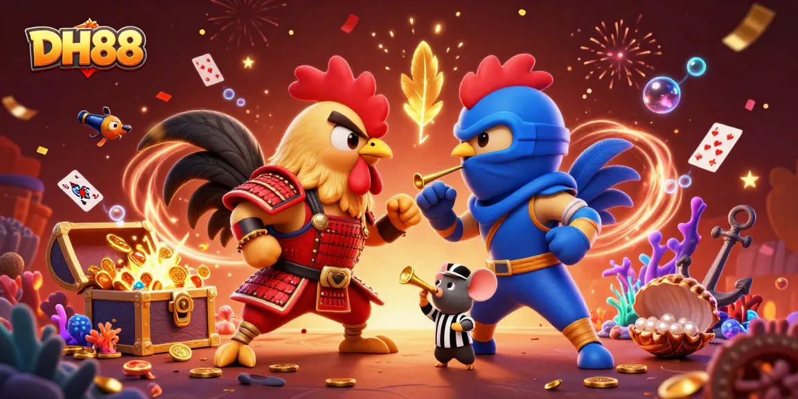 Experience thrilling DH88 action in a standoff between roosters, set against a vibrant casino backdrop.