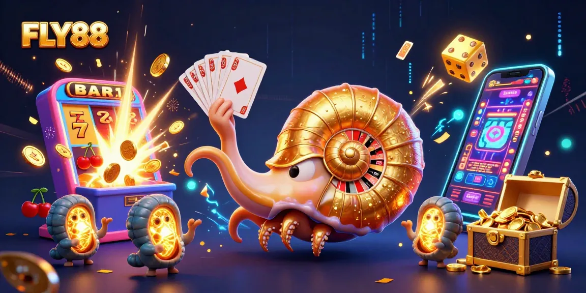 FLY88 showcases a vibrant casino scene with a giant nautilus roulette wheel and glowing elements.